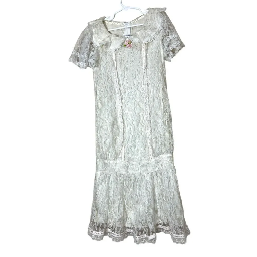 Vintage Jessica McClintock GUNNE SAX White Lace Trim Cottage Prairie Girls Dress